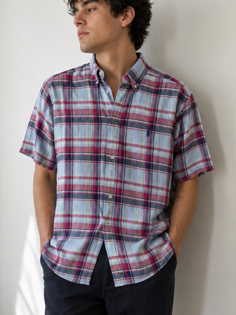 Ralph Lauren Linen Plaid Short Sleeve Button Down Shirt Classic Fit XL